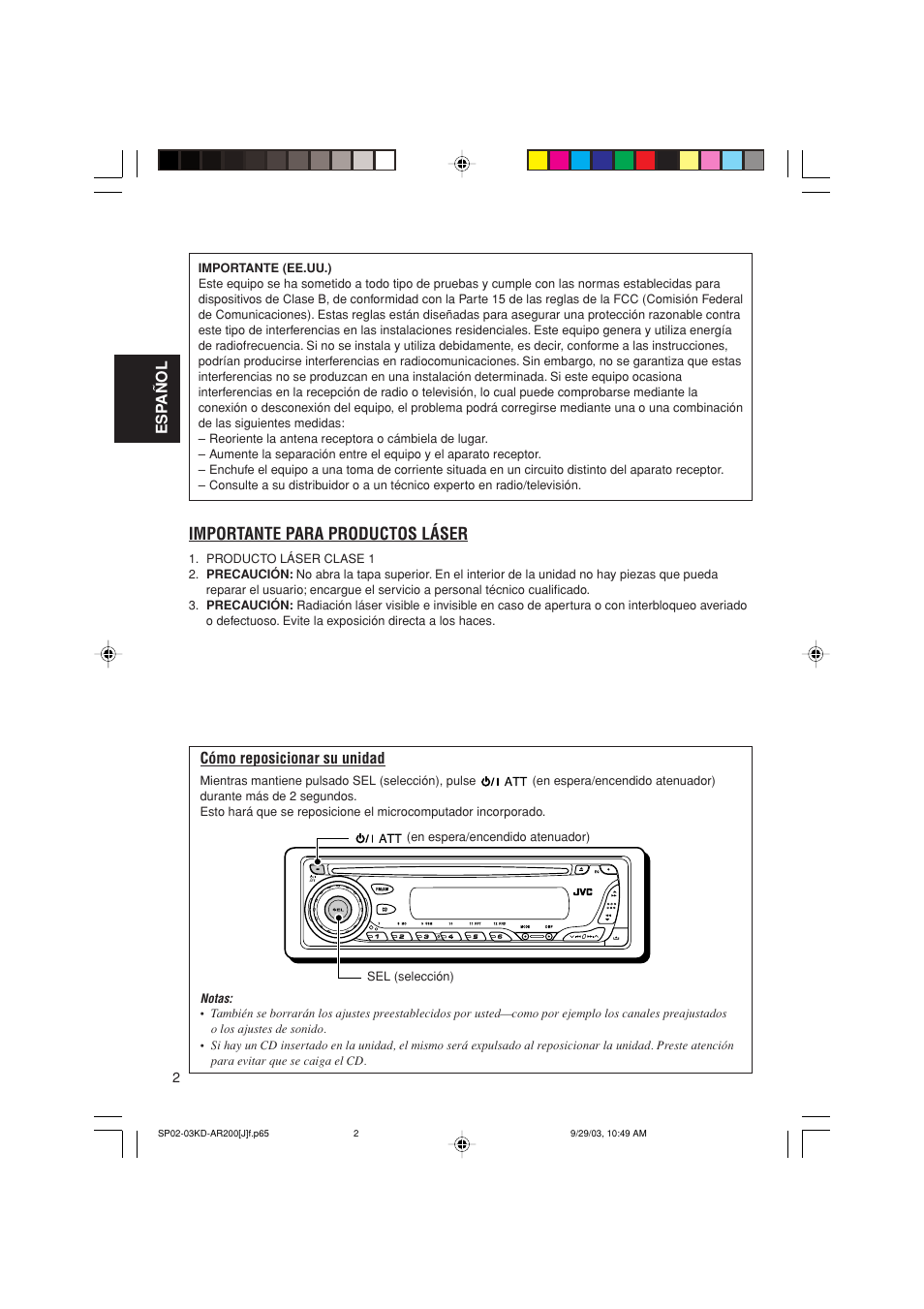 Importante para productos láser, Esp añol, Cómo reposicionar su unidad | JVC KD-G200 User Manual | Page 24 / 68