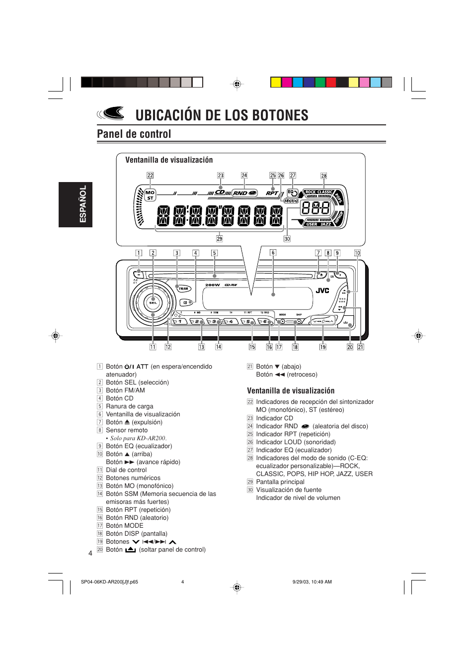 Ubicación de los botones, Panel de control | JVC KD-G200 User Manual | Page 26 / 68