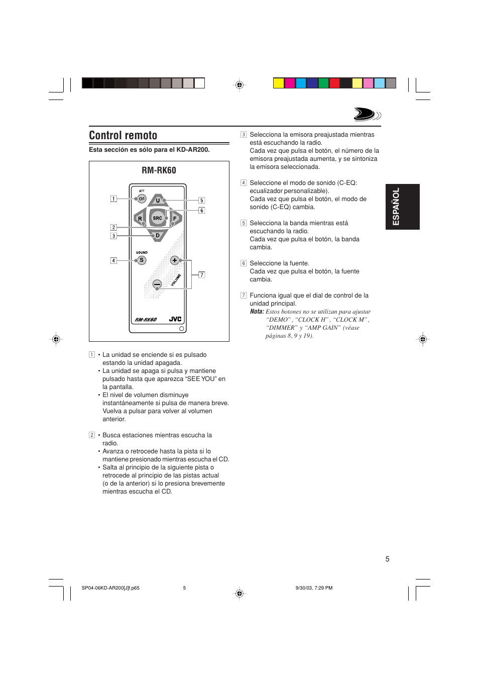 Control remoto, Rm-rk60, Esp añol | JVC KD-G200 User Manual | Page 27 / 68