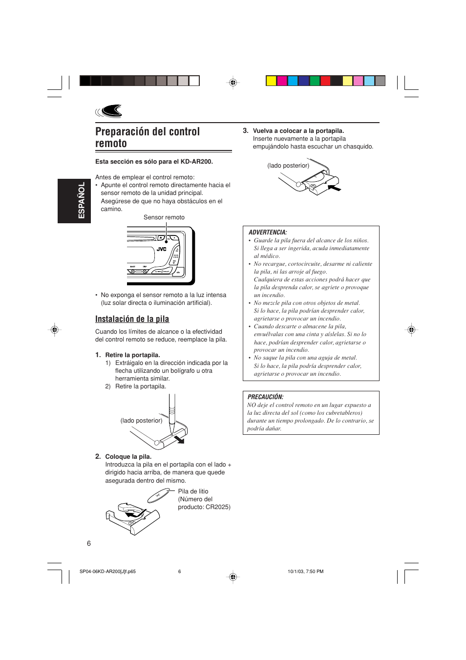 Preparación del control remoto, Instalación de la pila | JVC KD-G200 User Manual | Page 28 / 68