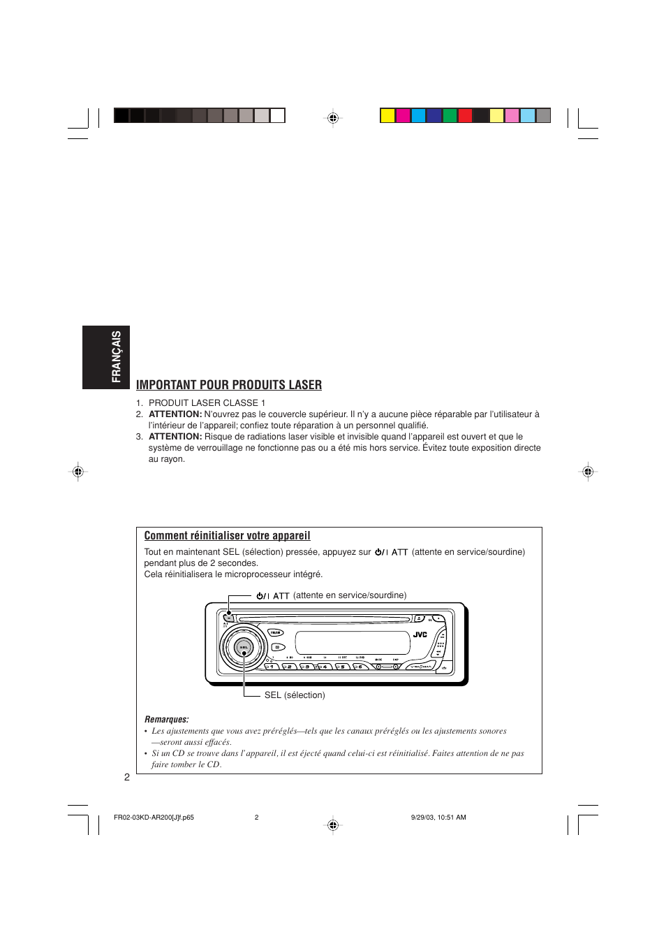 Important pour produits laser, Français comment réinitialiser votre appareil | JVC KD-G200 User Manual | Page 46 / 68