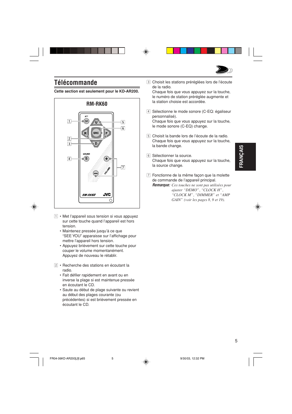 Télécommande, Rm-rk60, Français | JVC KD-G200 User Manual | Page 49 / 68