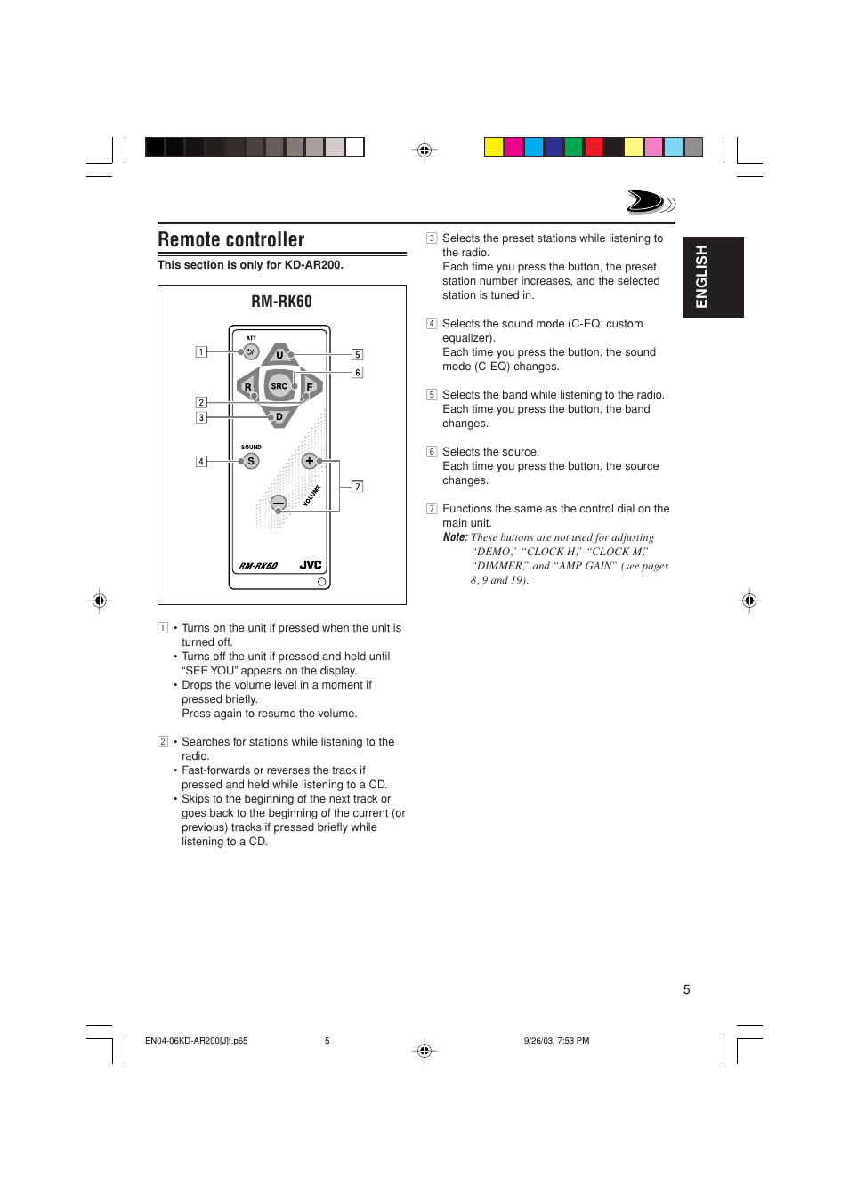 Remote controller, Rm-rk60, English | JVC KD-G200 User Manual | Page 5 / 68
