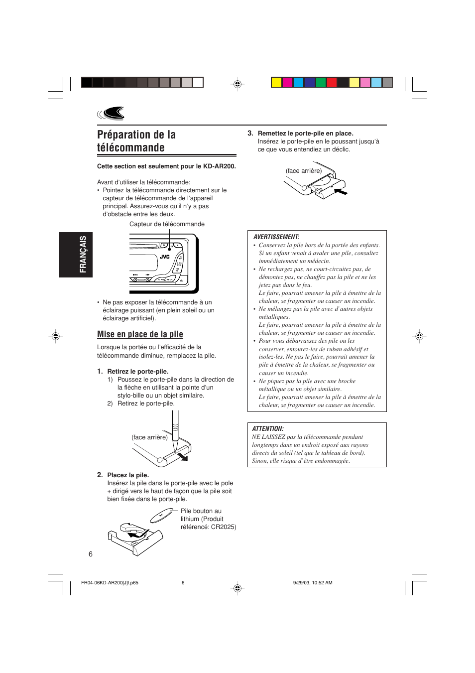 Préparation de la télécommande, Mise en place de la pile | JVC KD-G200 User Manual | Page 50 / 68