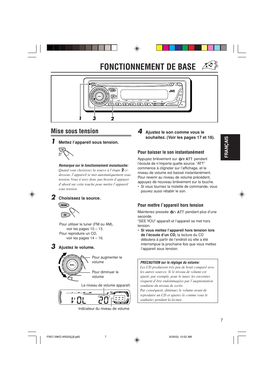 Fonctionnement de base, Mise sous tension 1 | JVC KD-G200 User Manual | Page 51 / 68