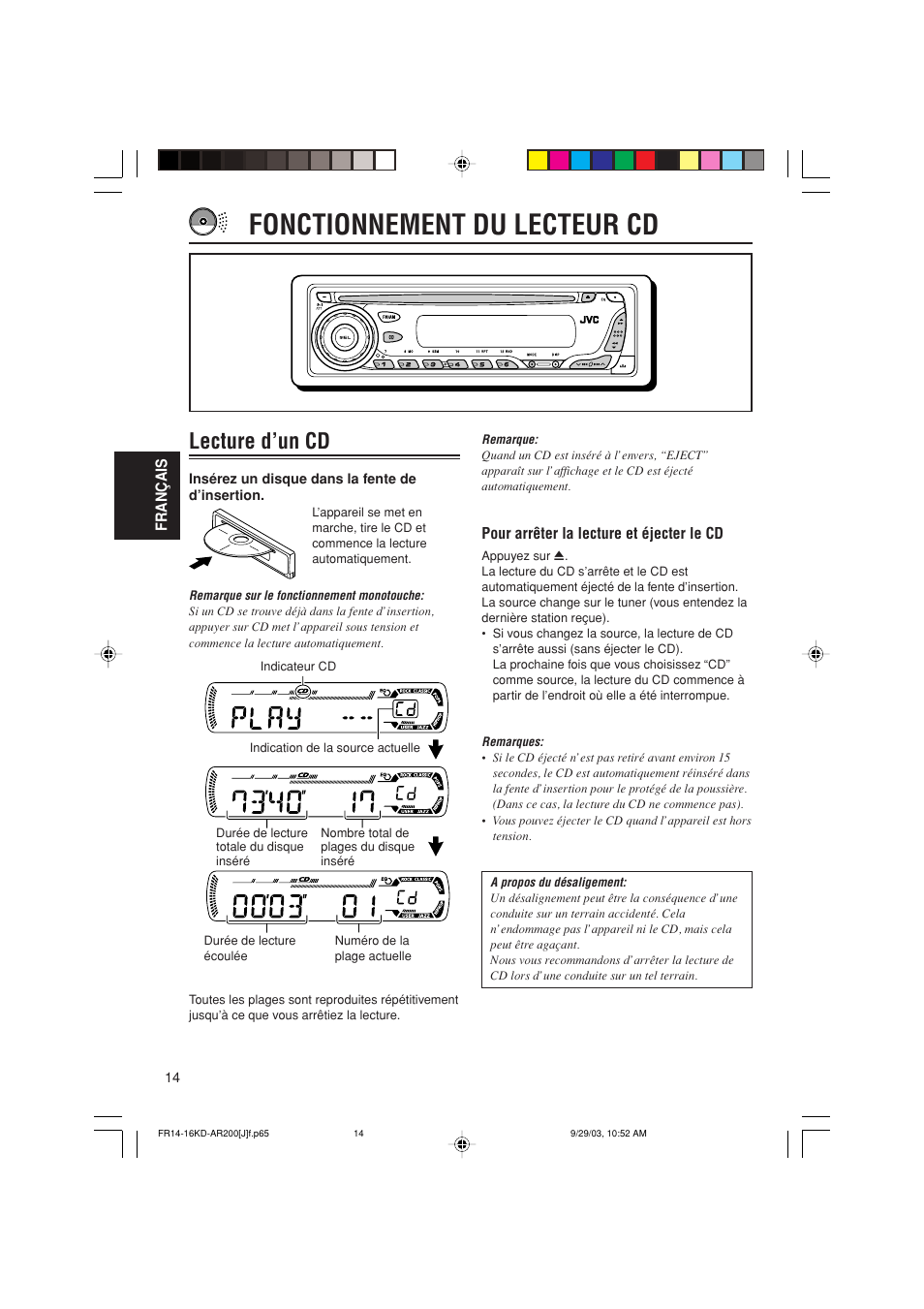 Fonctionnement du lecteur cd, Lecture d’un cd | JVC KD-G200 User Manual | Page 58 / 68