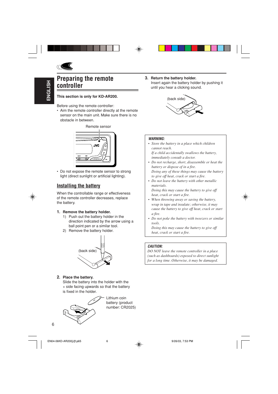 Preparing the remote controller, Installing the battery, English | JVC KD-G200 User Manual | Page 6 / 68