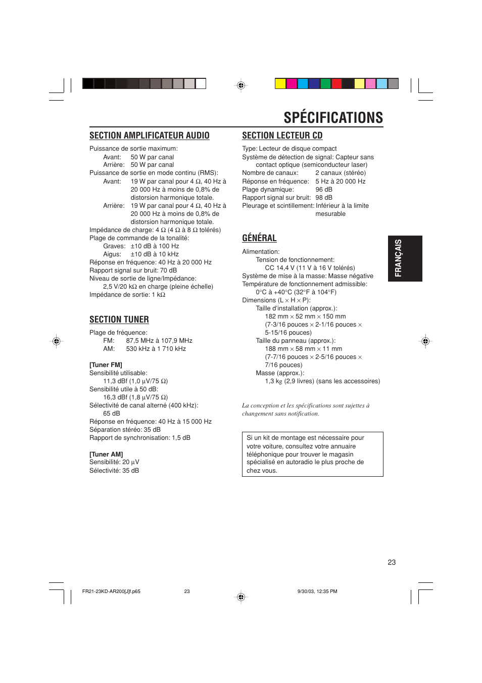 Spécifications, Général, Français | JVC KD-G200 User Manual | Page 67 / 68