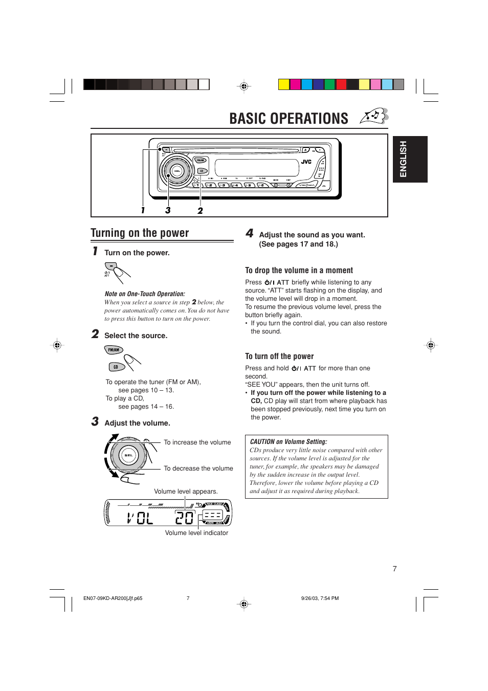 Basic operations, Turning on the power 1 | JVC KD-G200 User Manual | Page 7 / 68