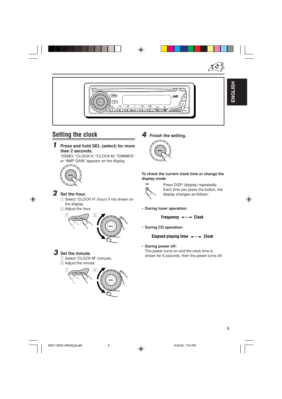 Setting the clock 1 | JVC KD-G200 User Manual | Page 9 / 68