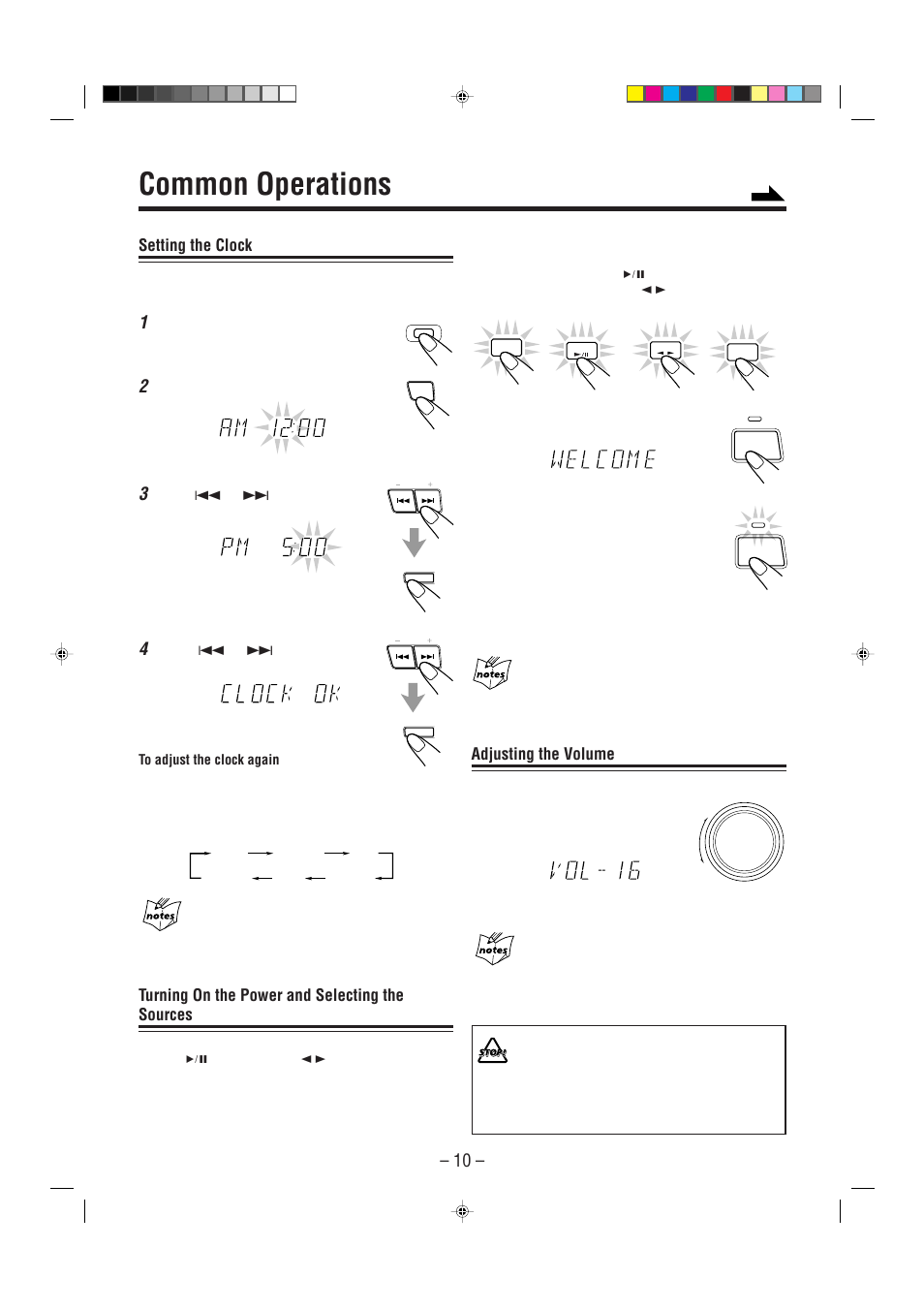 Common operations, Setting the clock, Turning on the power and selecting the sources | Adjusting the volume, Press panel open/close, Press timer/clock, Press 4 or ¢ to adjust the hour, then press set, Press 4 or ¢ to adjust the minute, then press set | JVC Model MX-J70J User Manual | Page 13 / 34