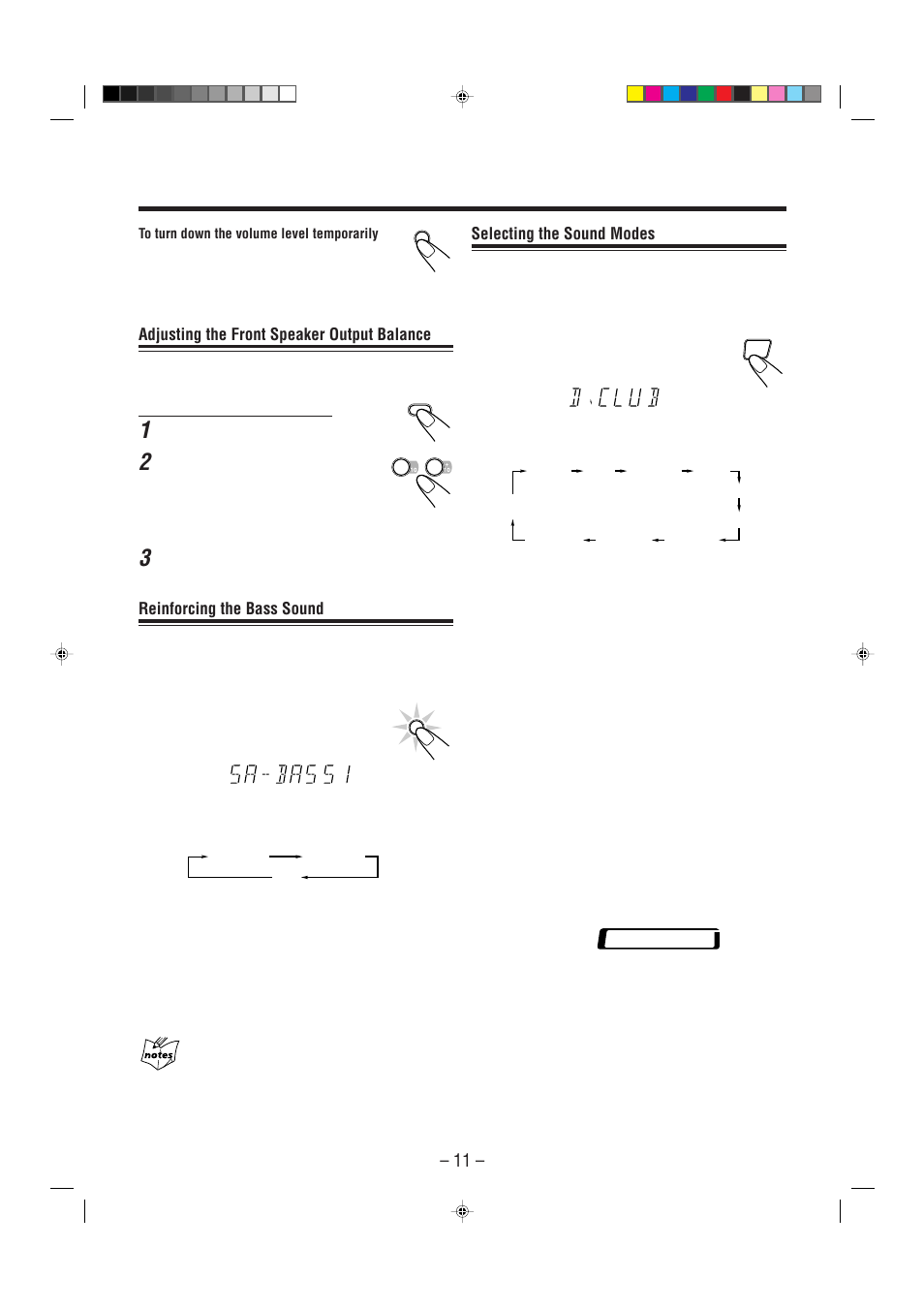 Selecting the sound modes, Adjusting the front speaker output balance, Reinforcing the bass sound | JVC Model MX-J70J User Manual | Page 14 / 34