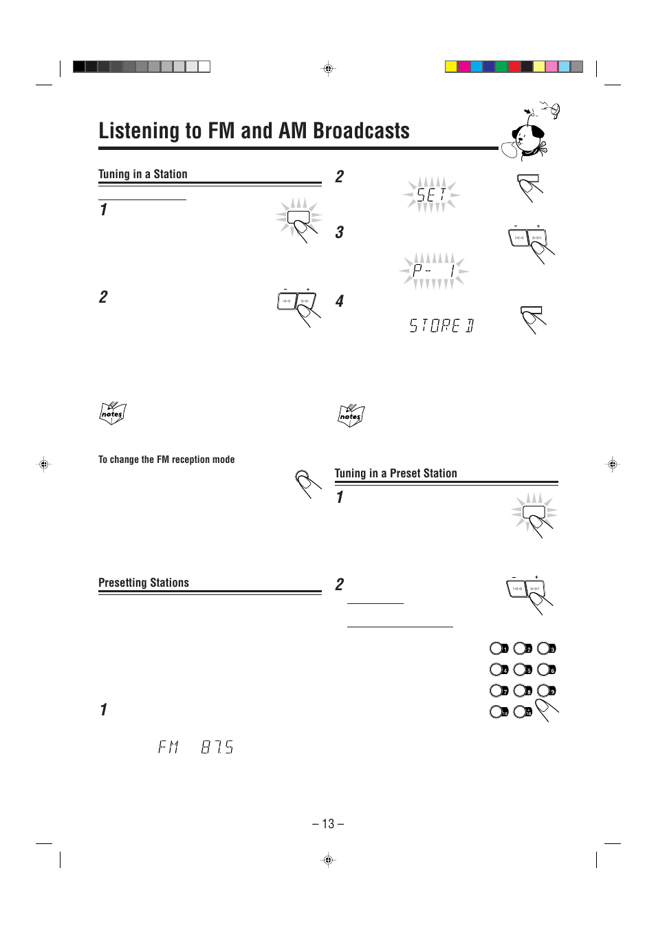 Listening to fm and am broadcasts, Tuning in a station, Presetting stations | Tuning in a preset station | JVC Model MX-J70J User Manual | Page 16 / 34