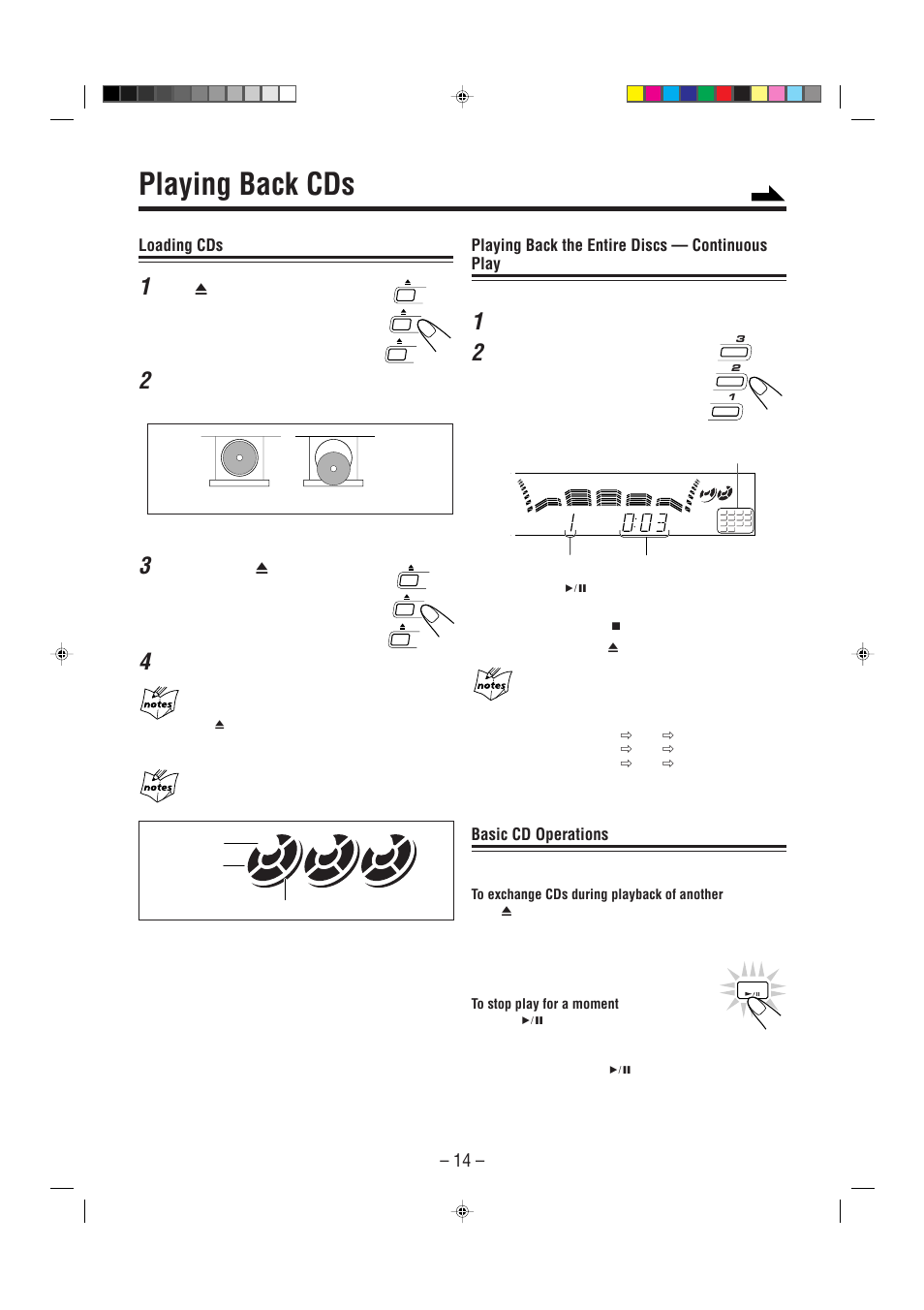 Playing back cds, Loading cds, Playing back the entire discs — continuous play | Basic cd operations | JVC Model MX-J70J User Manual | Page 17 / 34