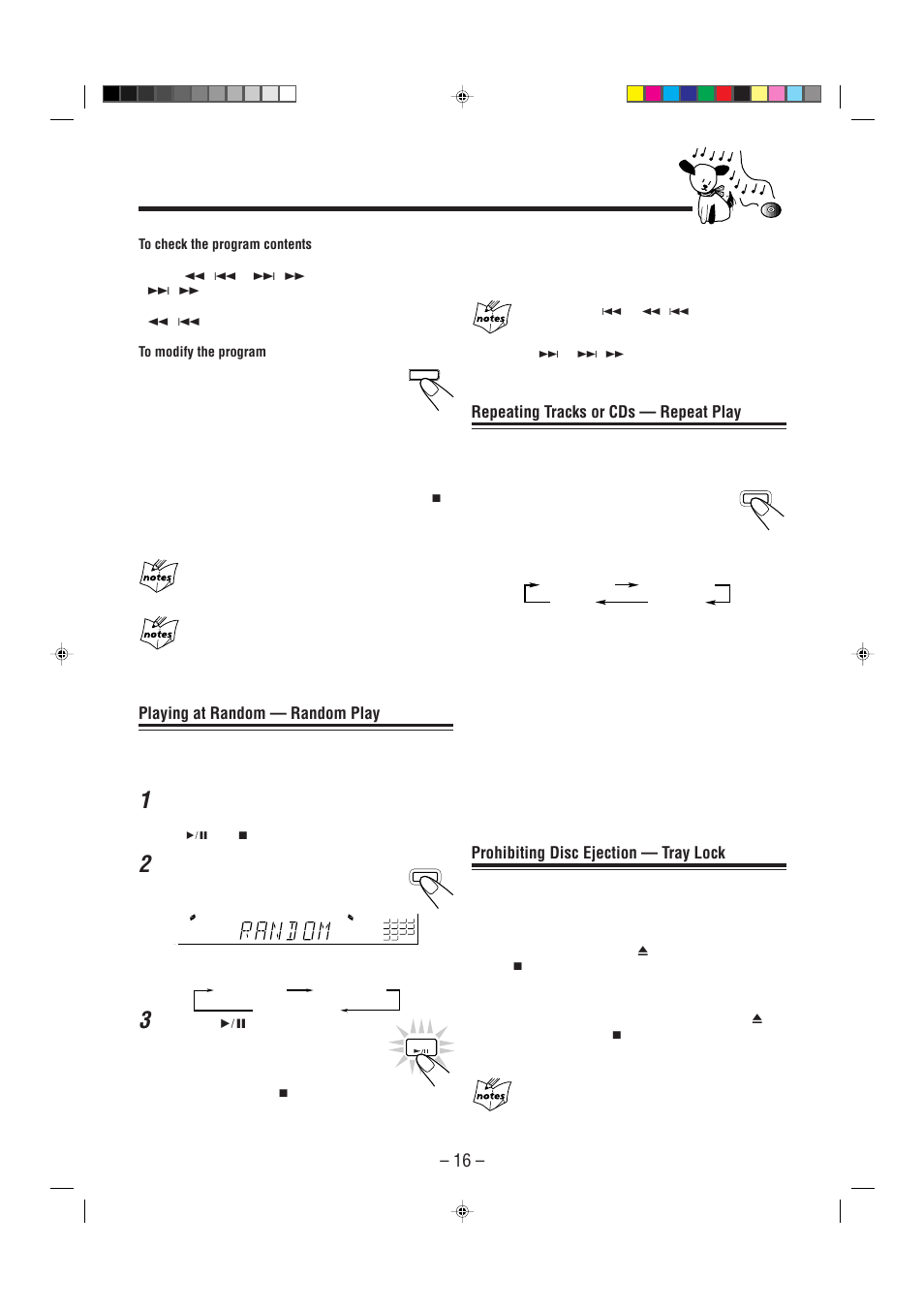 Repeating tracks or cds — repeat play, Prohibiting disc ejection — tray lock, Playing at random — random play | JVC Model MX-J70J User Manual | Page 19 / 34