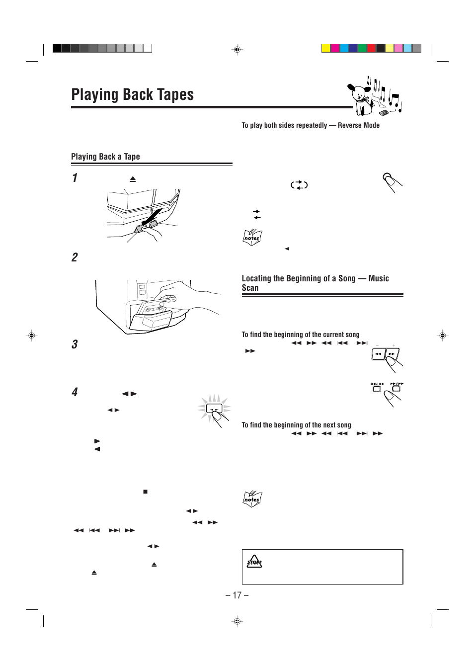 Playing back tapes, Playing back a tape, Locating the beginning of a song — music scan | JVC Model MX-J70J User Manual | Page 20 / 34