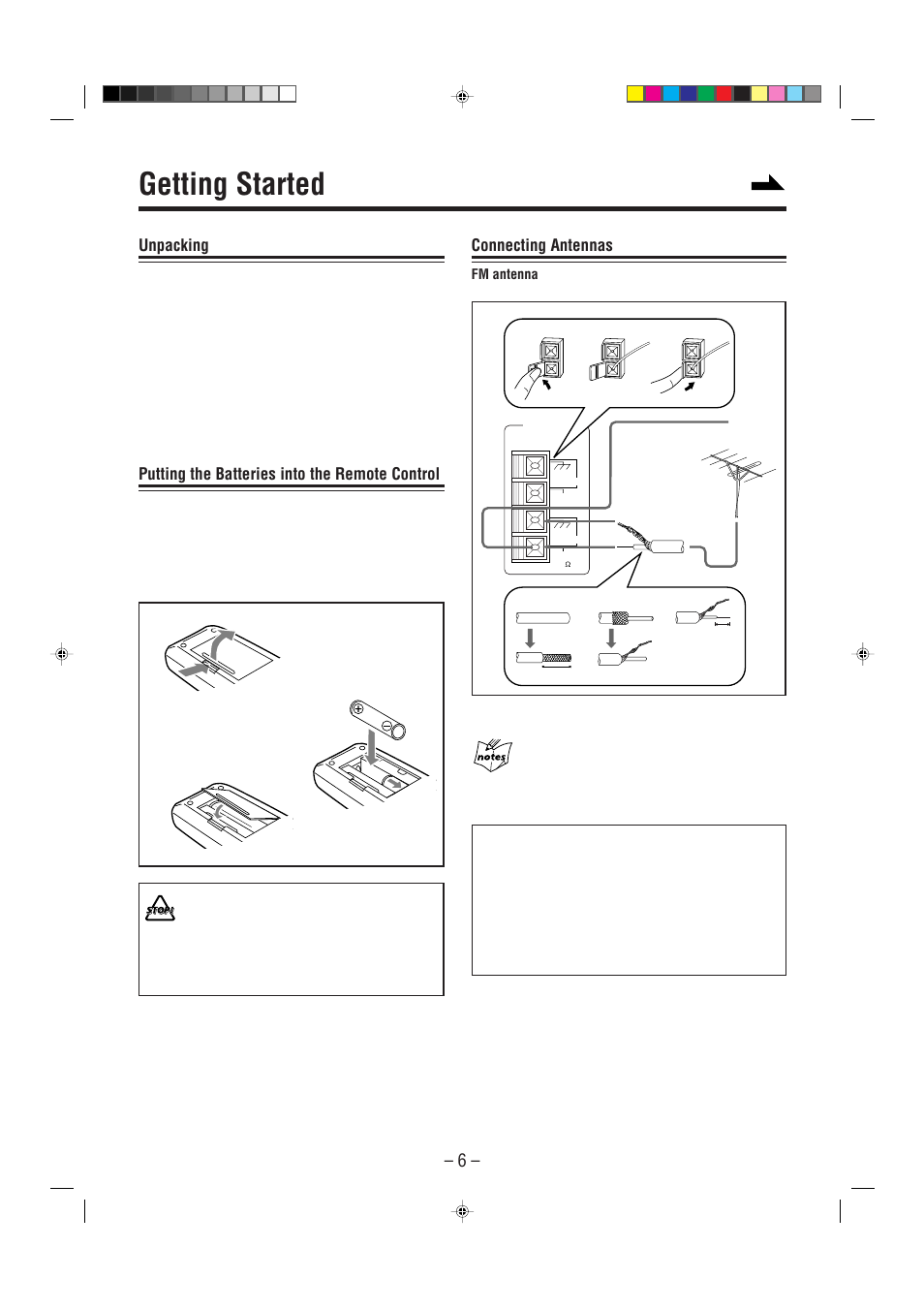 Getting started, Unpacking, Putting the batteries into the remote control | Connecting antennas | JVC Model MX-J70J User Manual | Page 9 / 34