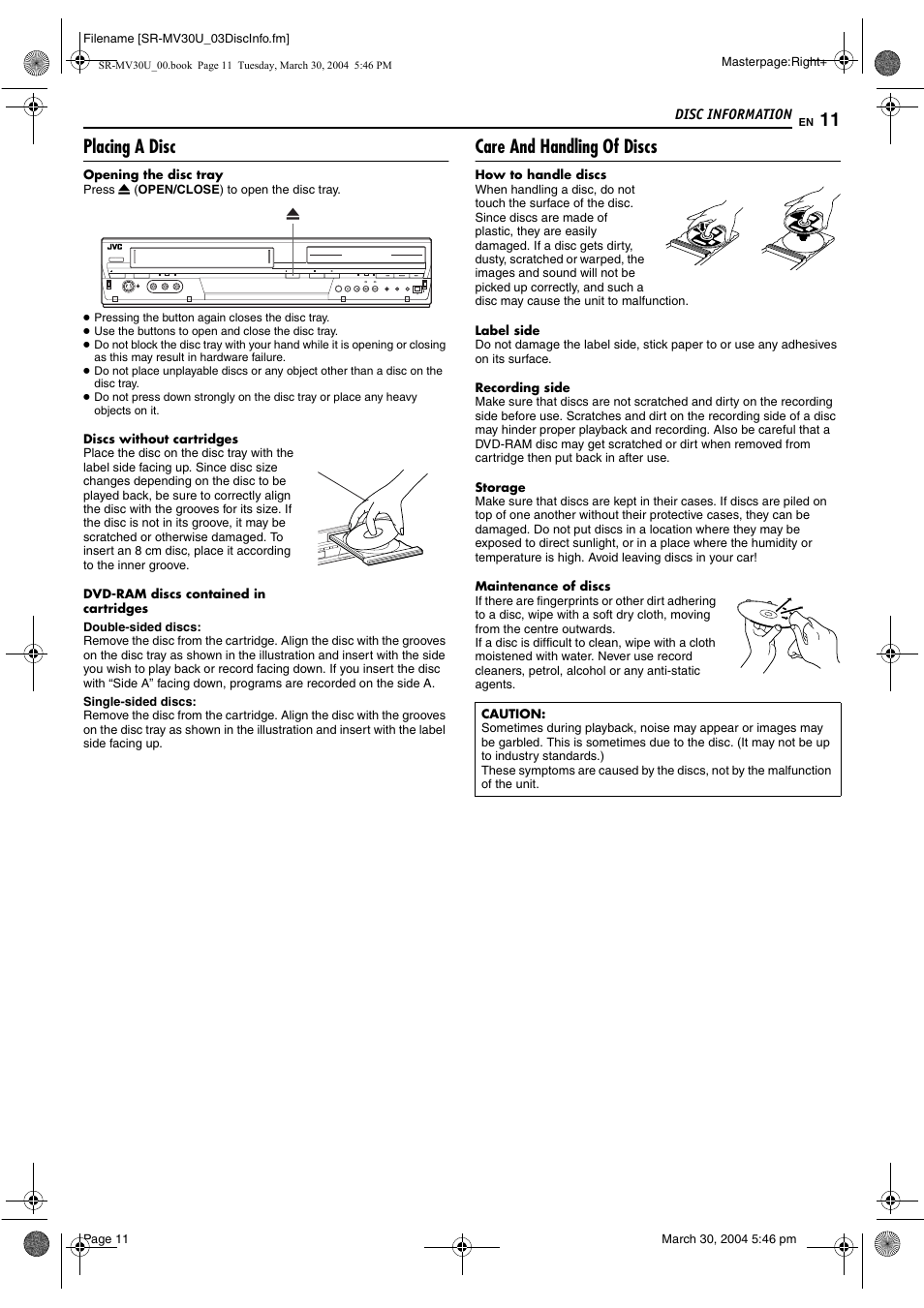 Placing a disc, Care and handling of discs | JVC SR-MV30 User Manual | Page 11 / 92