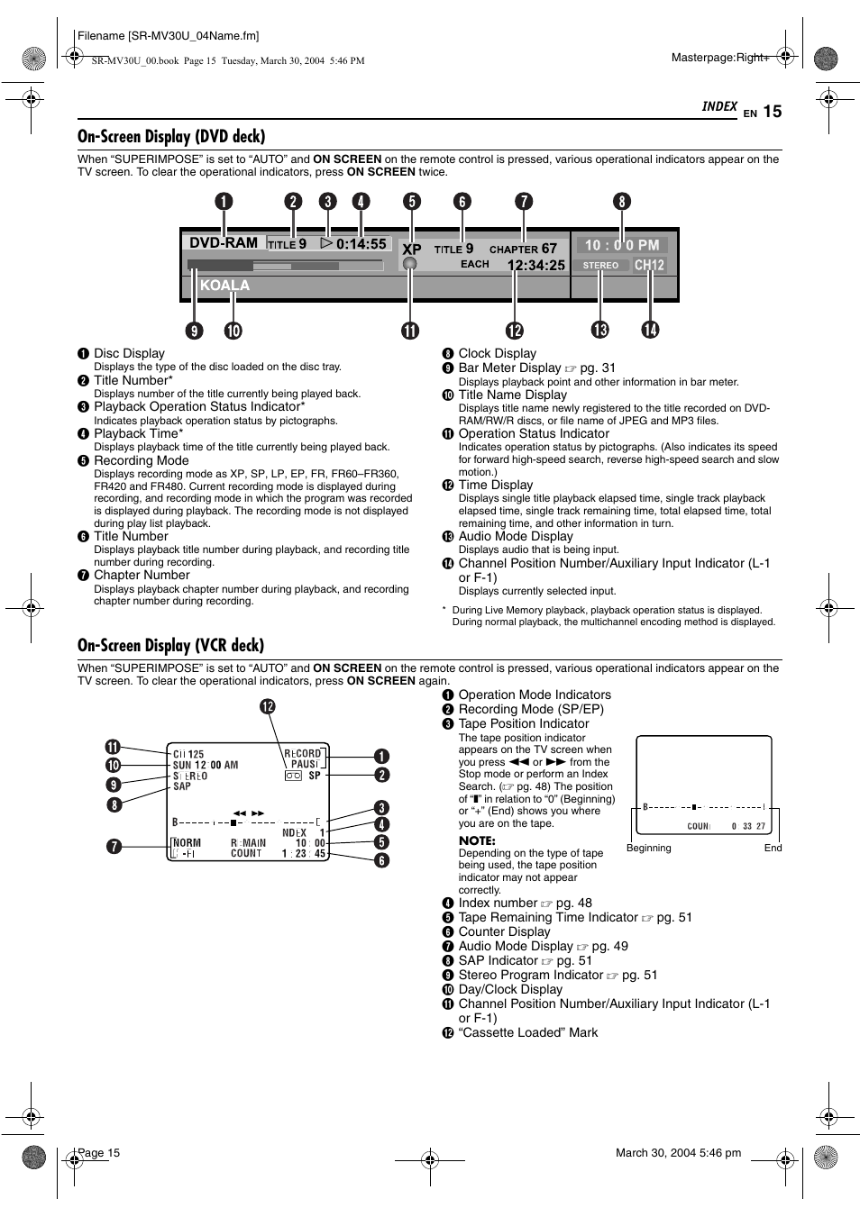 On-screen display (dvd deck), On-screen display (vcr deck) | JVC SR-MV30 User Manual | Page 15 / 92