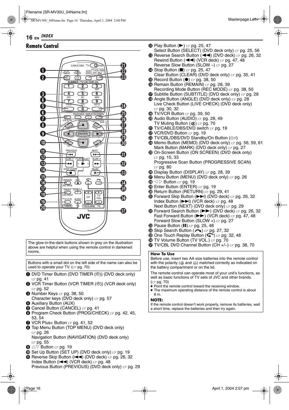 Remote control | JVC SR-MV30 User Manual | Page 16 / 92