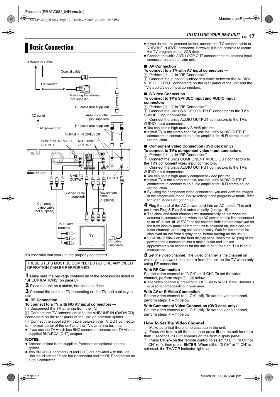Installing your new unit, Basic connection, Pg. 17 | JVC SR-MV30 User Manual | Page 17 / 92