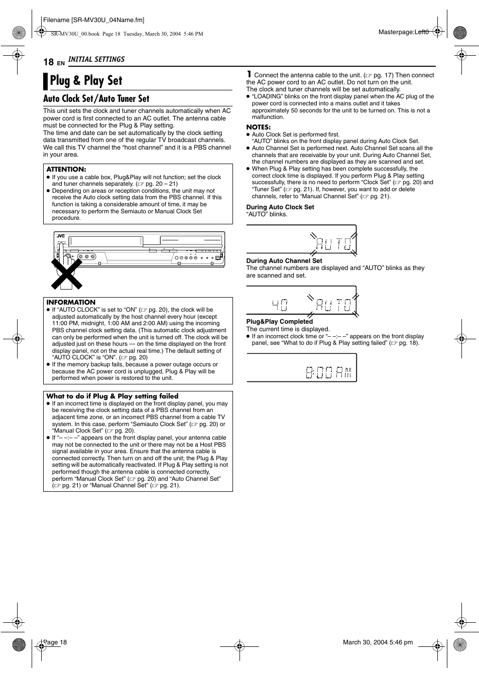 Initial settings, Plug & play set, Auto clock set/auto tuner set | Pg. 18) | JVC SR-MV30 User Manual | Page 18 / 92