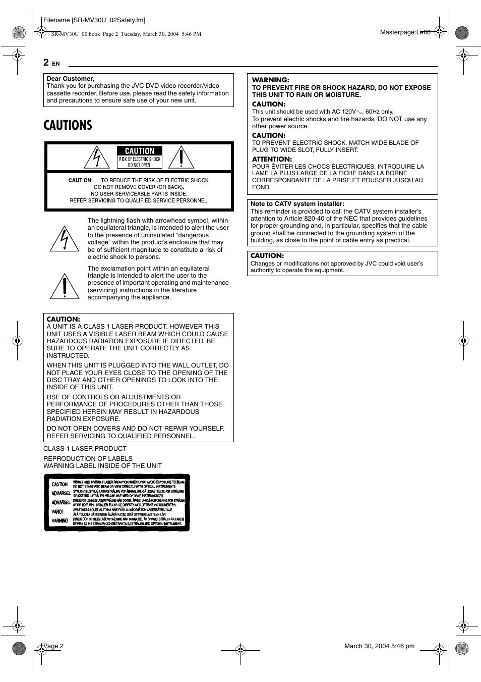 Cautions | JVC SR-MV30 User Manual | Page 2 / 92