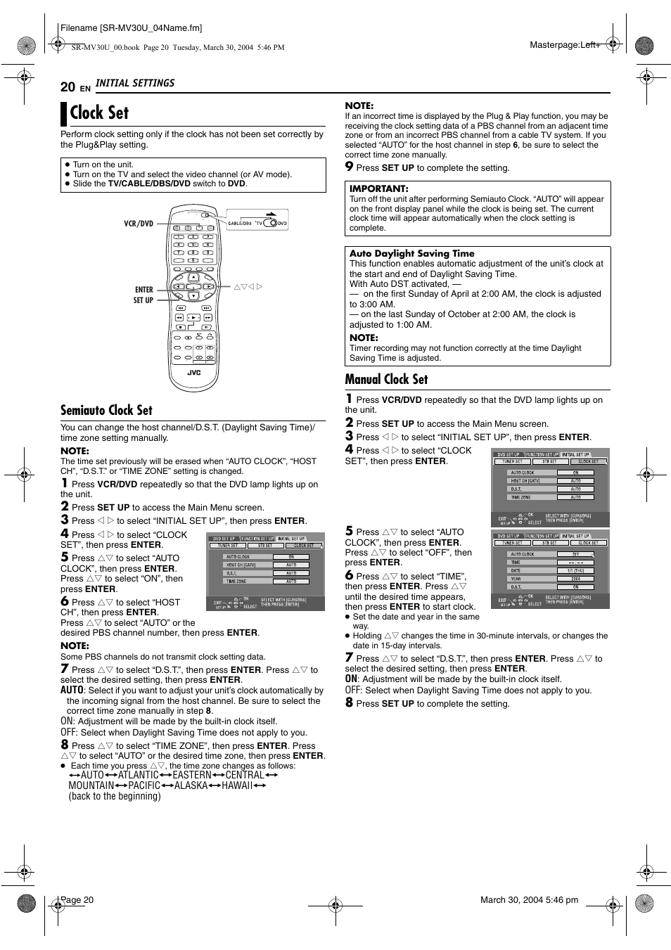 Clock set, Semiauto clock set, Manual clock set | Pg. 20), Pg. 20) an, Pg. 20, Pg. 20), th, M “semiauto clock set, Pg. 20) or | JVC SR-MV30 User Manual | Page 20 / 92