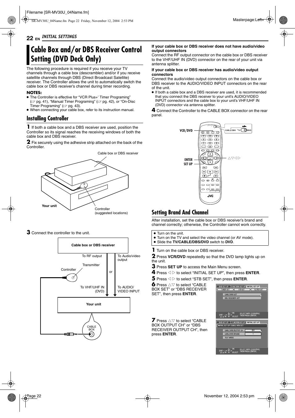 Installing controller, Setting brand and channel, Only) | Pg. 22 | JVC SR-MV30 User Manual | Page 22 / 92
