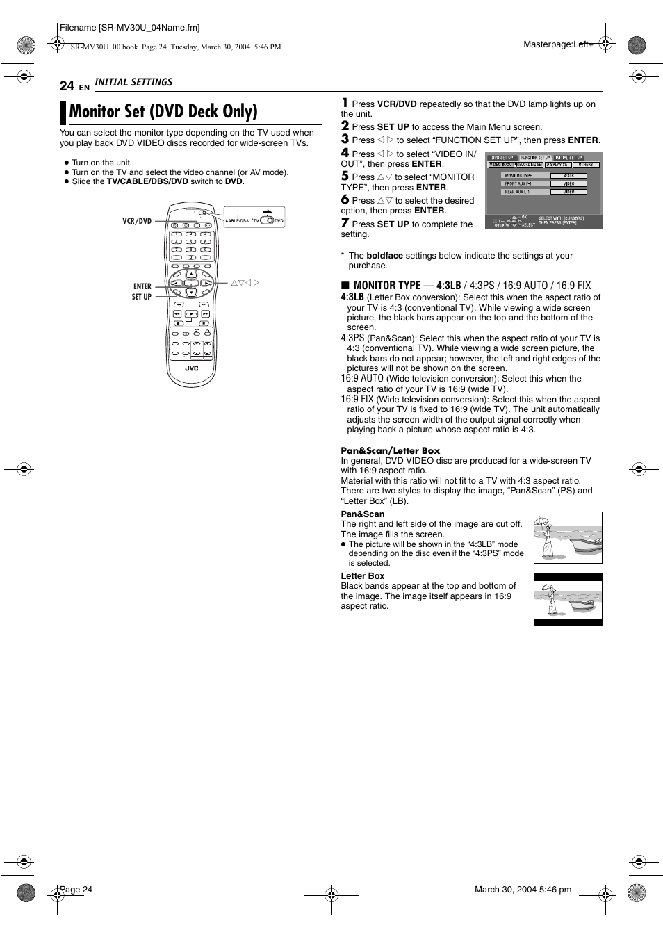 Monitor set (dvd deck only) | JVC SR-MV30 User Manual | Page 24 / 92