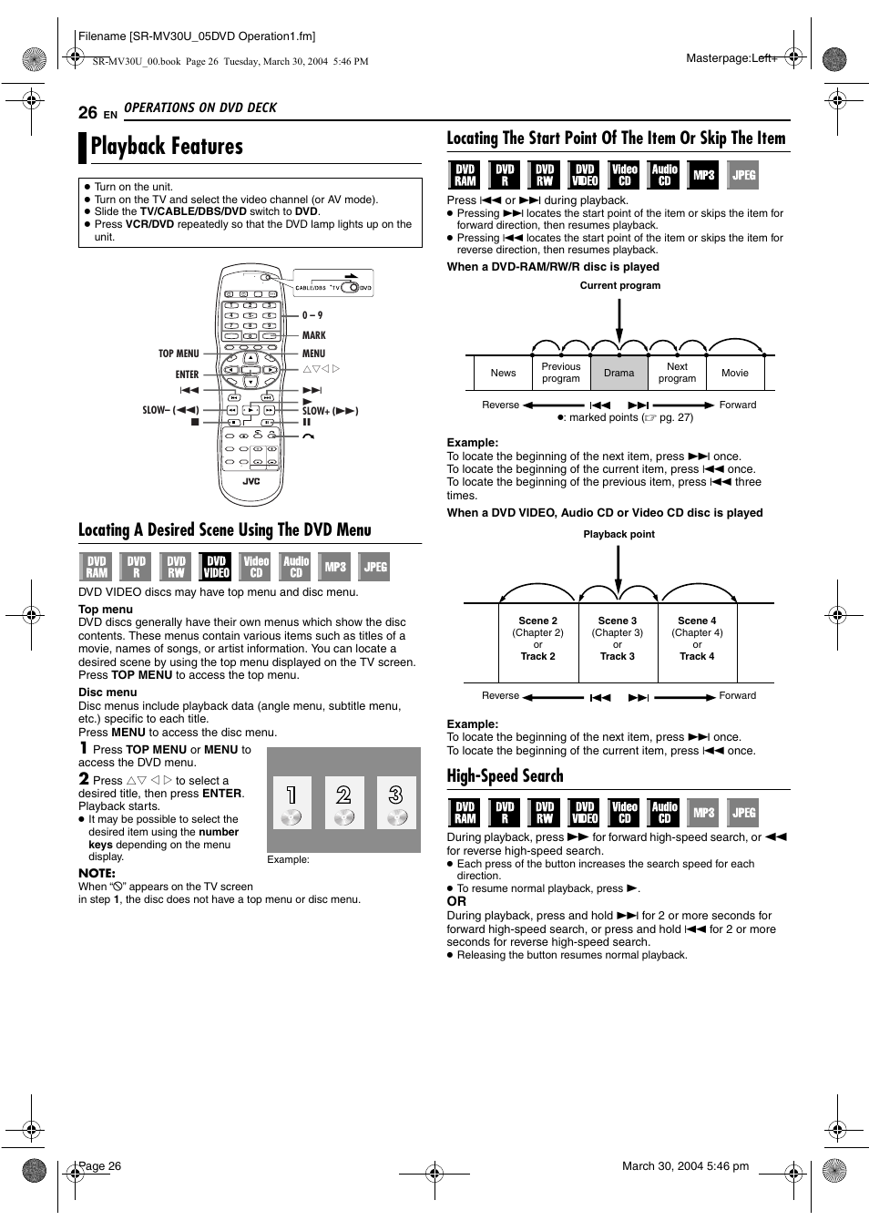 Playback features, Locating a desired scene using the dvd menu, High-speed search | Pg. 26, 3, Pg. 26, Pg. 26, 32, Only), Locating a desired scene, Using the dvd menu, Pg. 26) | JVC SR-MV30 User Manual | Page 26 / 92