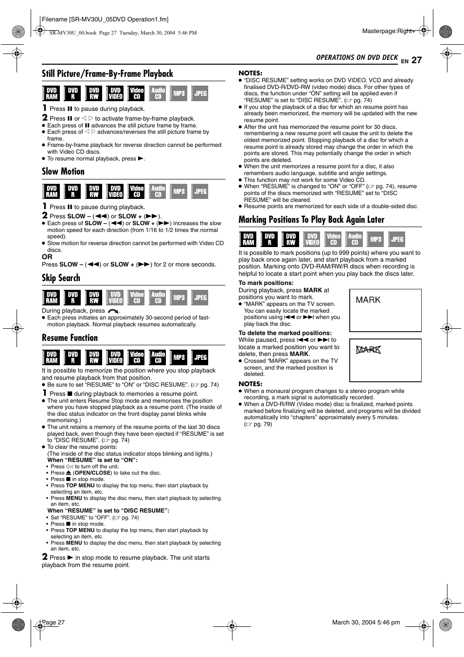 Still picture/frame-by-frame playback, Slow motion, Skip search | Resume function, Marking positions to play back again later, Pg. 27, Pg. 27, 32 | JVC SR-MV30 User Manual | Page 27 / 92