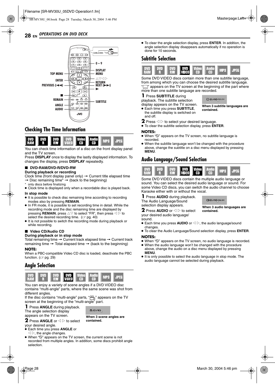 Checking the time information, Angle selection, Subtitle selection | Audio language/sound selection, Pg. 28, 39, Pg. 28, 3, Pg. 28, Pg. 28, 49 | JVC SR-MV30 User Manual | Page 28 / 92