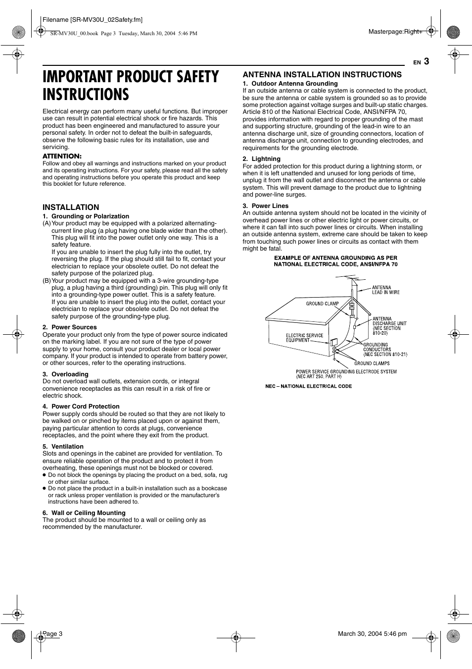 Important product safety instructions | JVC SR-MV30 User Manual | Page 3 / 92