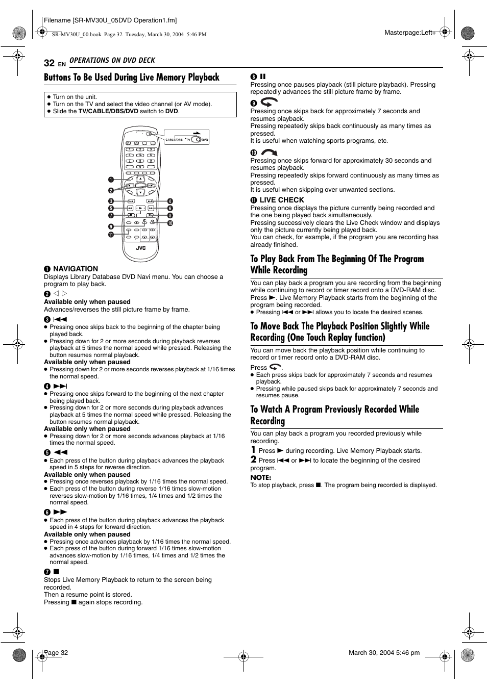 Buttons to be used during live memory playback, Pg. 32, 4 | JVC SR-MV30 User Manual | Page 32 / 92