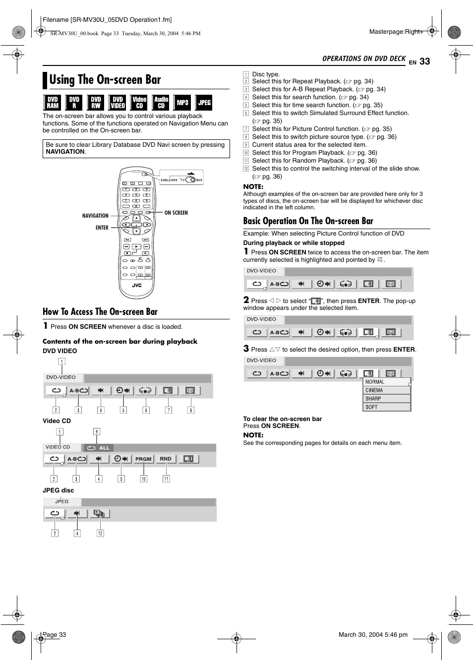 Using the on-screen bar, How to access the on-screen bar, Basic operation on the on-screen bar | JVC SR-MV30 User Manual | Page 33 / 92