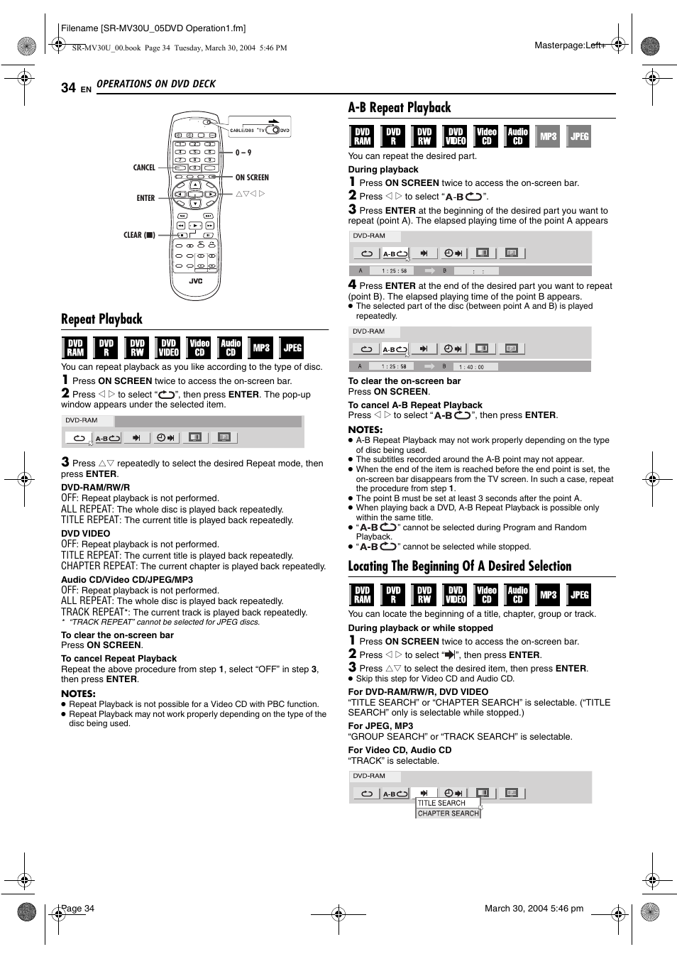 Repeat playback, A-b repeat playback, Locating the beginning of a desired selection | Pg. 34, 49, K. (੬ pg. 34), Pg. 34), R search function. (੬ pg. 34) | JVC SR-MV30 User Manual | Page 34 / 92