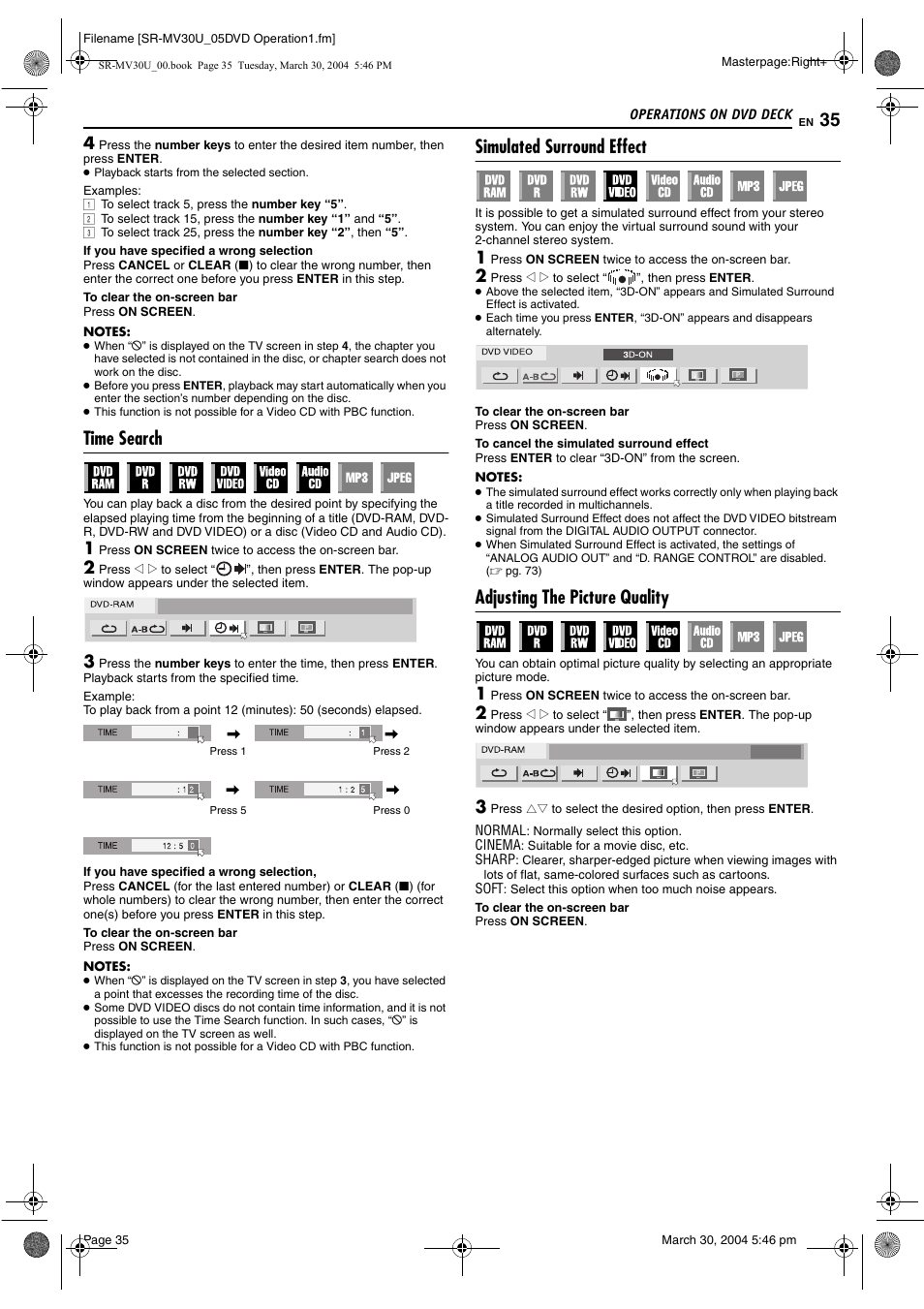 Time search, Simulated surround effect, Adjusting the picture quality | Pg. 35, Pg. 35, 4, Pg. 35), R picture control function. (੬ pg. 35) | JVC SR-MV30 User Manual | Page 35 / 92