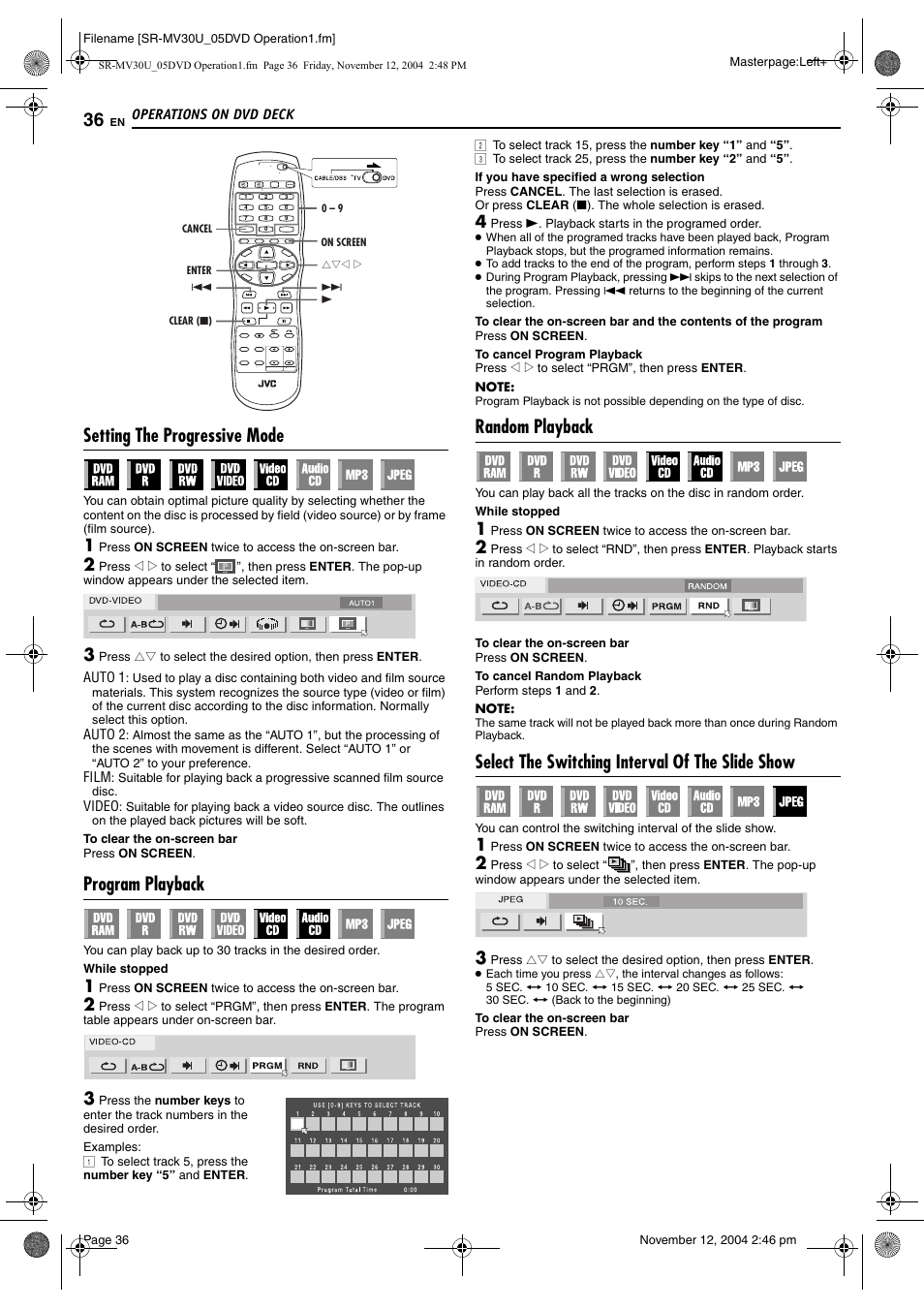 Setting the progressive mode, Program playback, Random playback | Select the switching interval of the slide show, Pg. 36, Pg. 36), K. (੬ pg. 36) | JVC SR-MV30 User Manual | Page 36 / 92