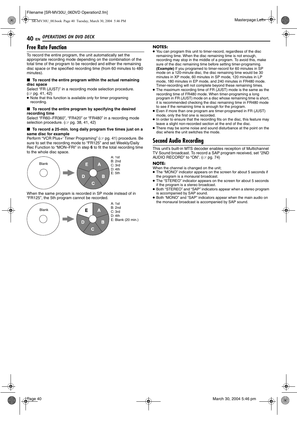 Free rate function, Second audio recording, Pg. 40) | JVC SR-MV30 User Manual | Page 40 / 92