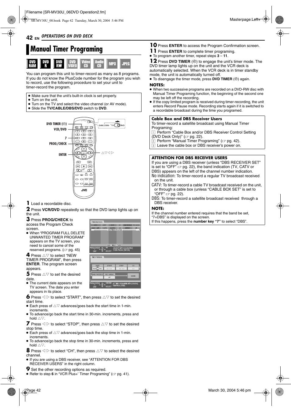Manual timer programing, Pg. 42, 45, Manual timer programing” (੬ pg. 42) | JVC SR-MV30 User Manual | Page 42 / 92