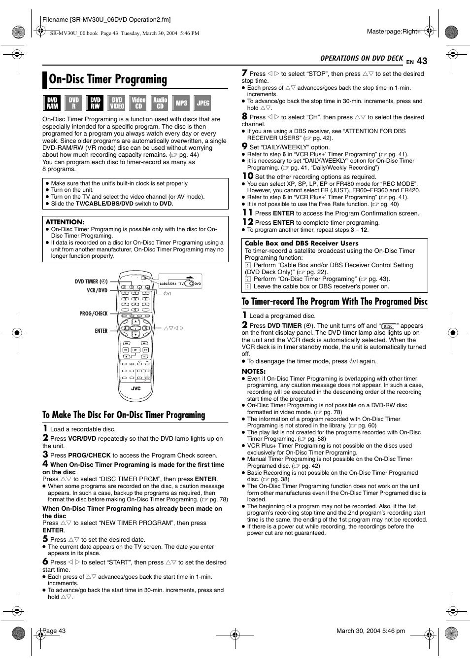 On-disc timer programing, To make the disc for on-disc timer programing, Pg. 43 | On-disc, Timer programing, Pg. 43) | JVC SR-MV30 User Manual | Page 43 / 92
