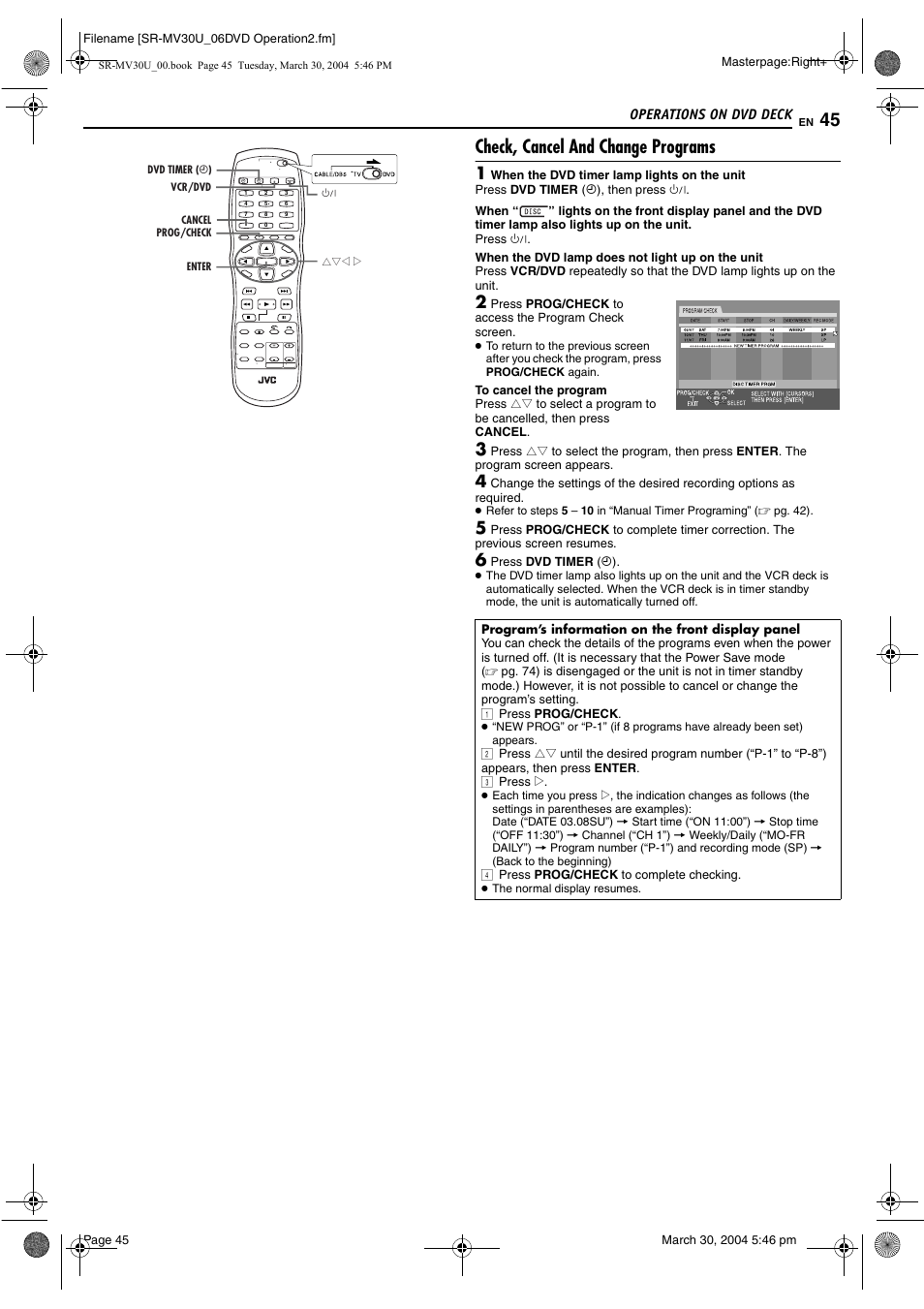 Check, cancel and change programs, Pg. 45) | JVC SR-MV30 User Manual | Page 45 / 92