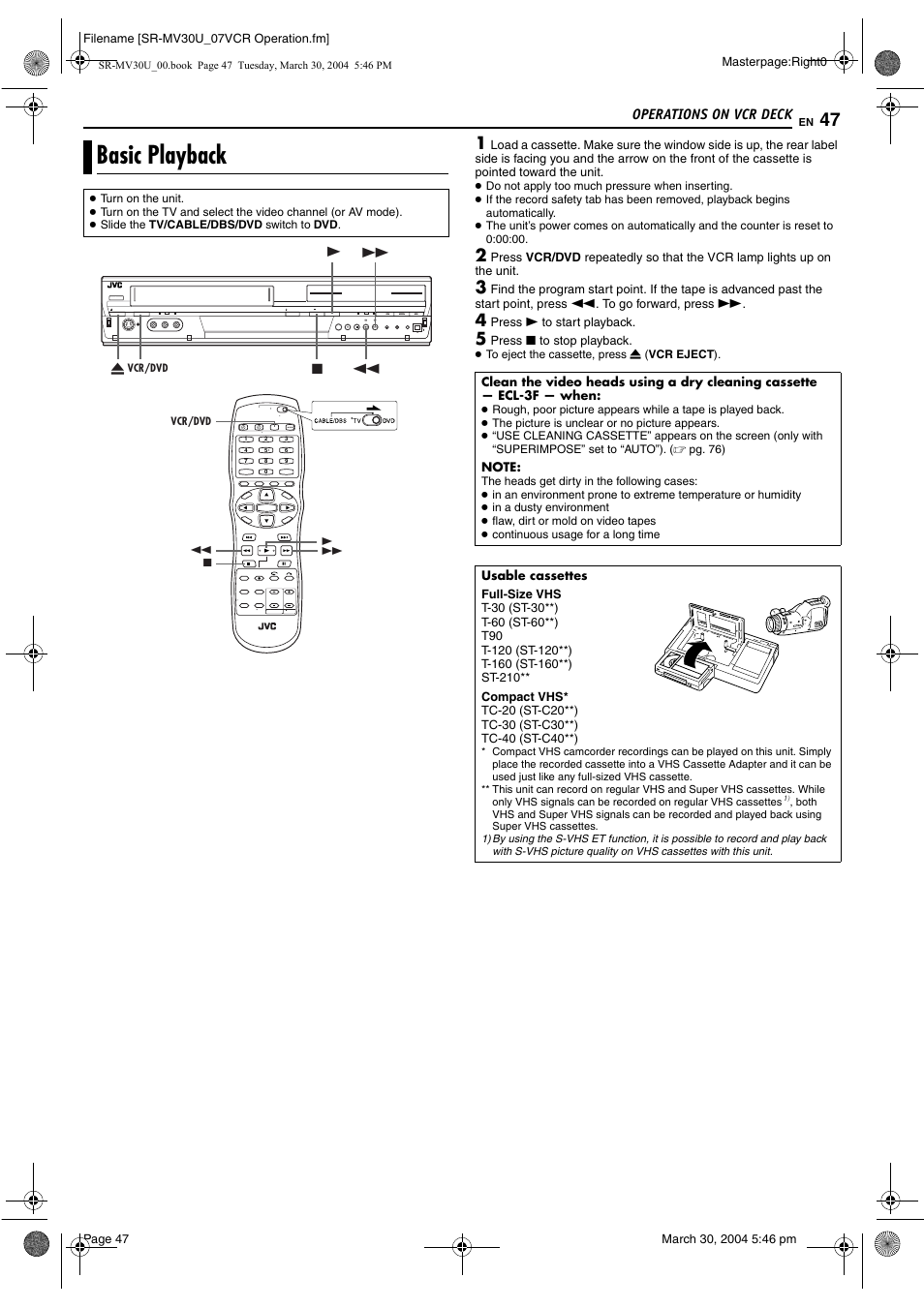 Operations on vcr deck, Basic playback, Vcr lamp | Pg. 47, Pg. 47, 48 | JVC SR-MV30 User Manual | Page 47 / 92