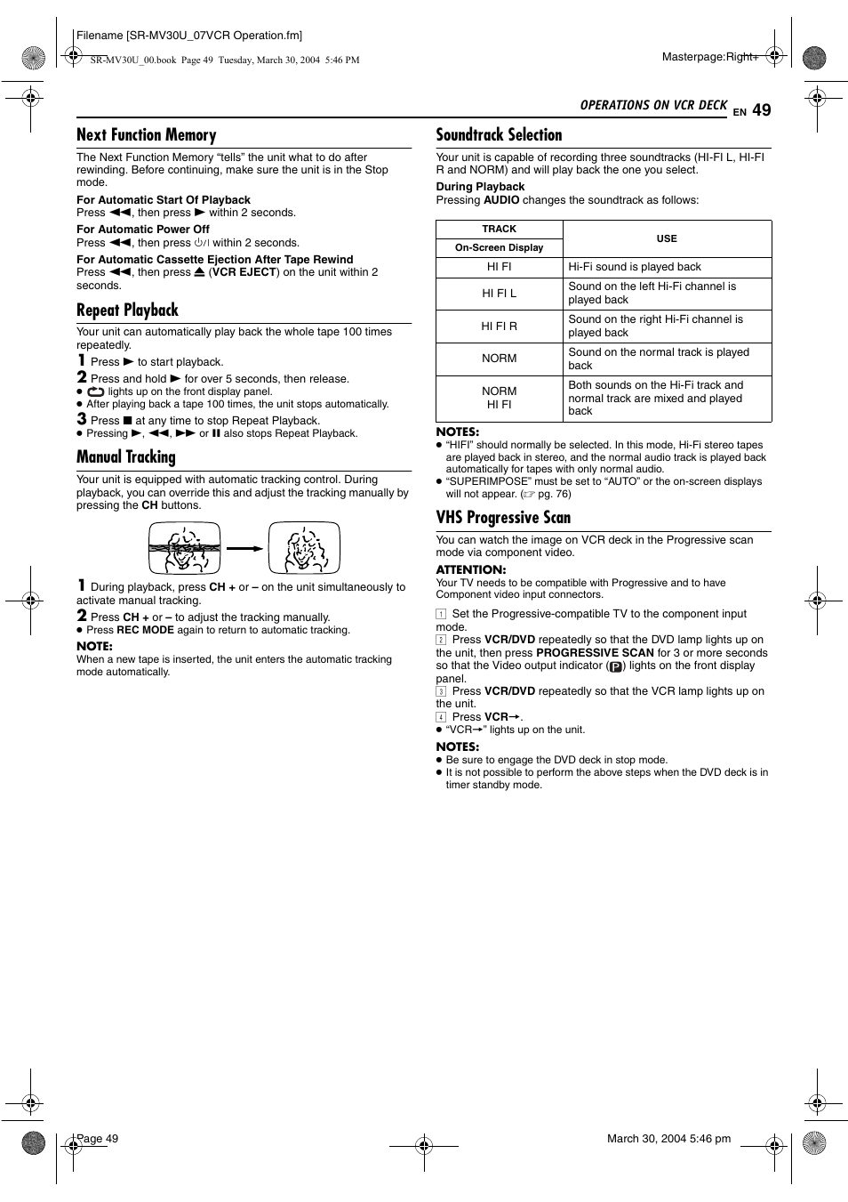 Next function memory, Repeat playback, Manual tracking | Soundtrack selection, Vhs progressive scan, Pg. 49 | JVC SR-MV30 User Manual | Page 49 / 92