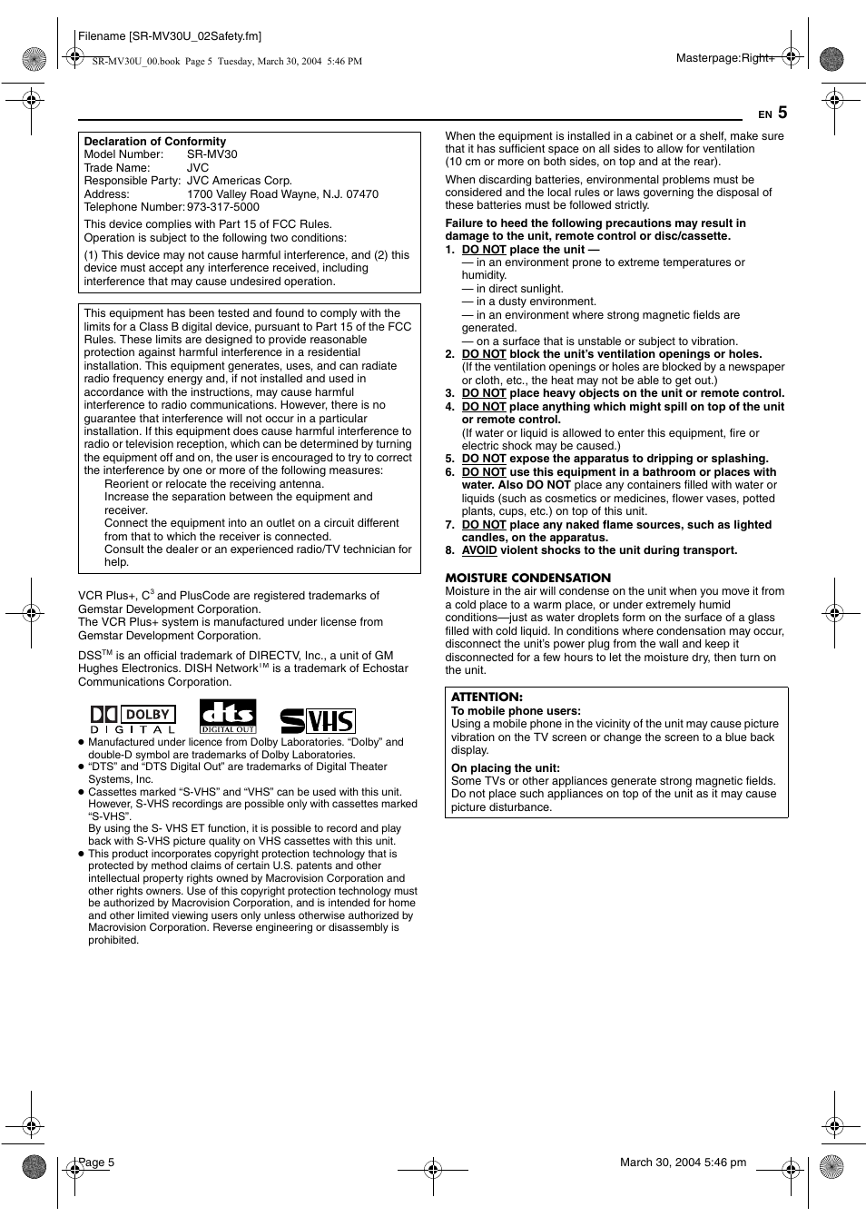 JVC SR-MV30 User Manual | Page 5 / 92