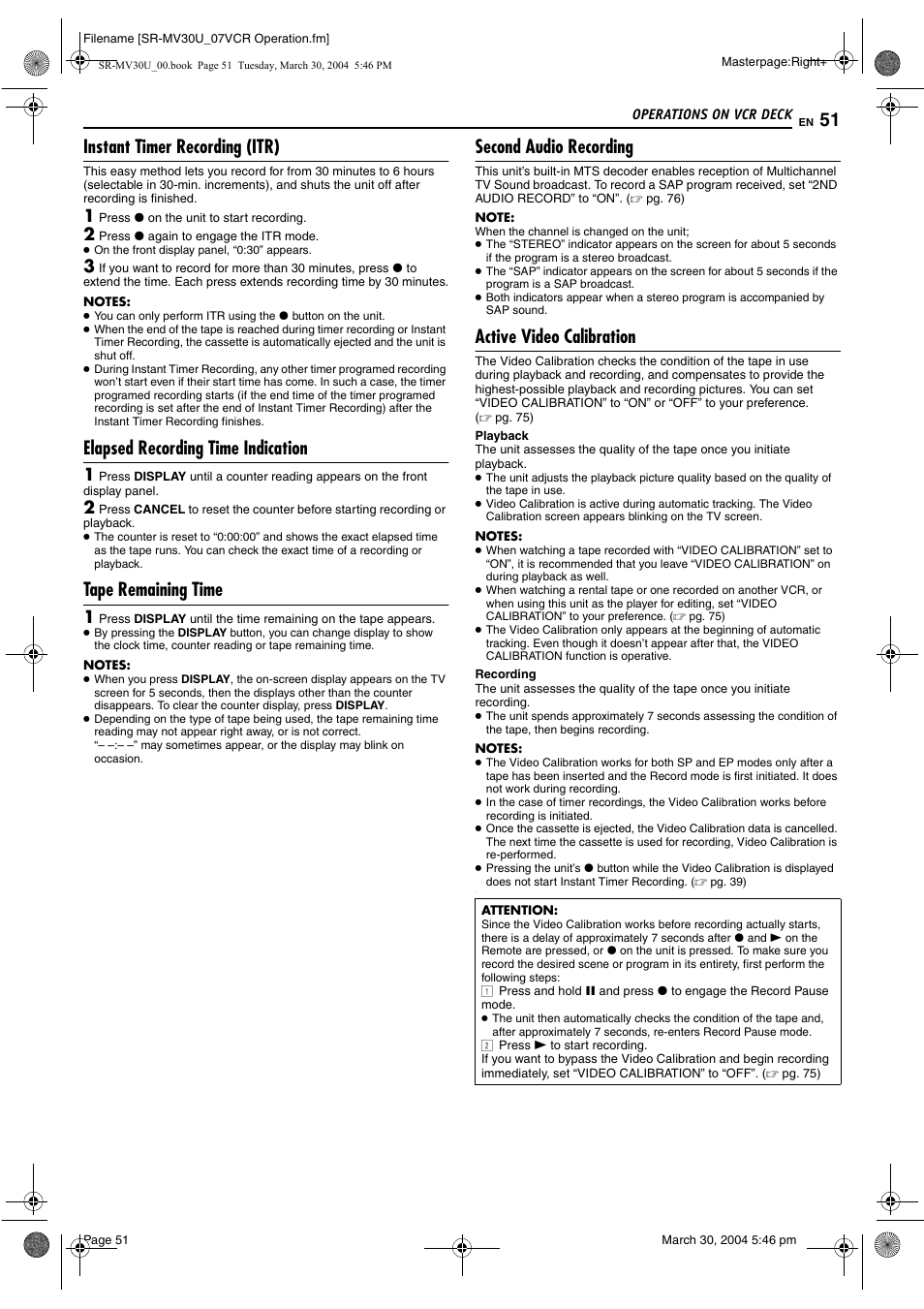 Instant timer recording (itr), Elapsed recording time indication, Tape remaining time | Second audio recording, Active video calibration, Pg. 51, Dicator, Pg. 51) | JVC SR-MV30 User Manual | Page 51 / 92