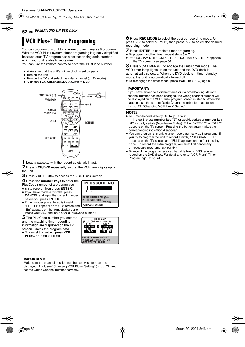 Vcr plus+® timer programing, Pg. 52), Vcr plus | Timer programing, Pg. 52, Operations on vcr deck | JVC SR-MV30 User Manual | Page 52 / 92