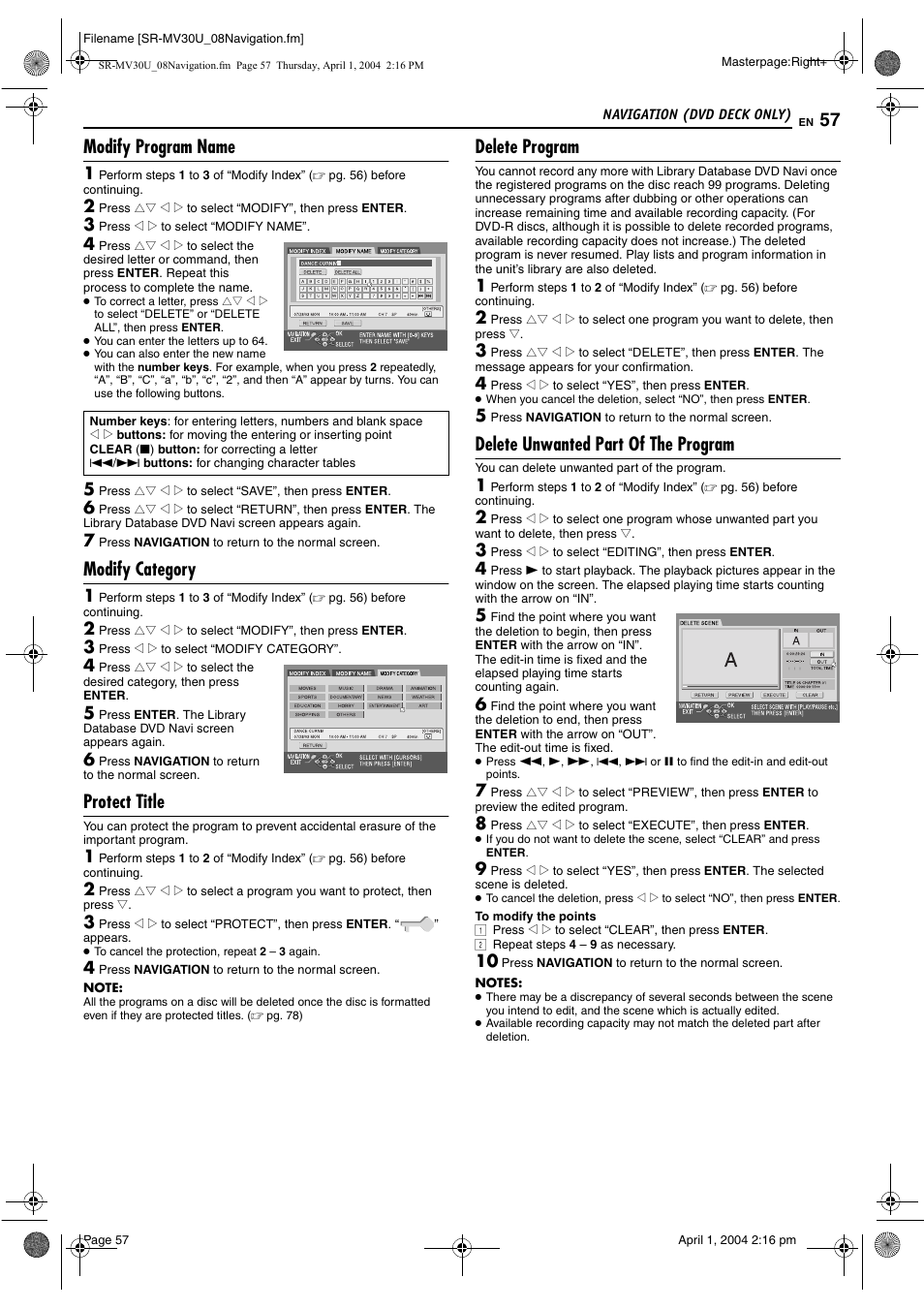 Modify program name, Modify category, Protect title | Delete program, Delete unwanted part of the program, Pg. 57, Pg. 57) | JVC SR-MV30 User Manual | Page 57 / 92