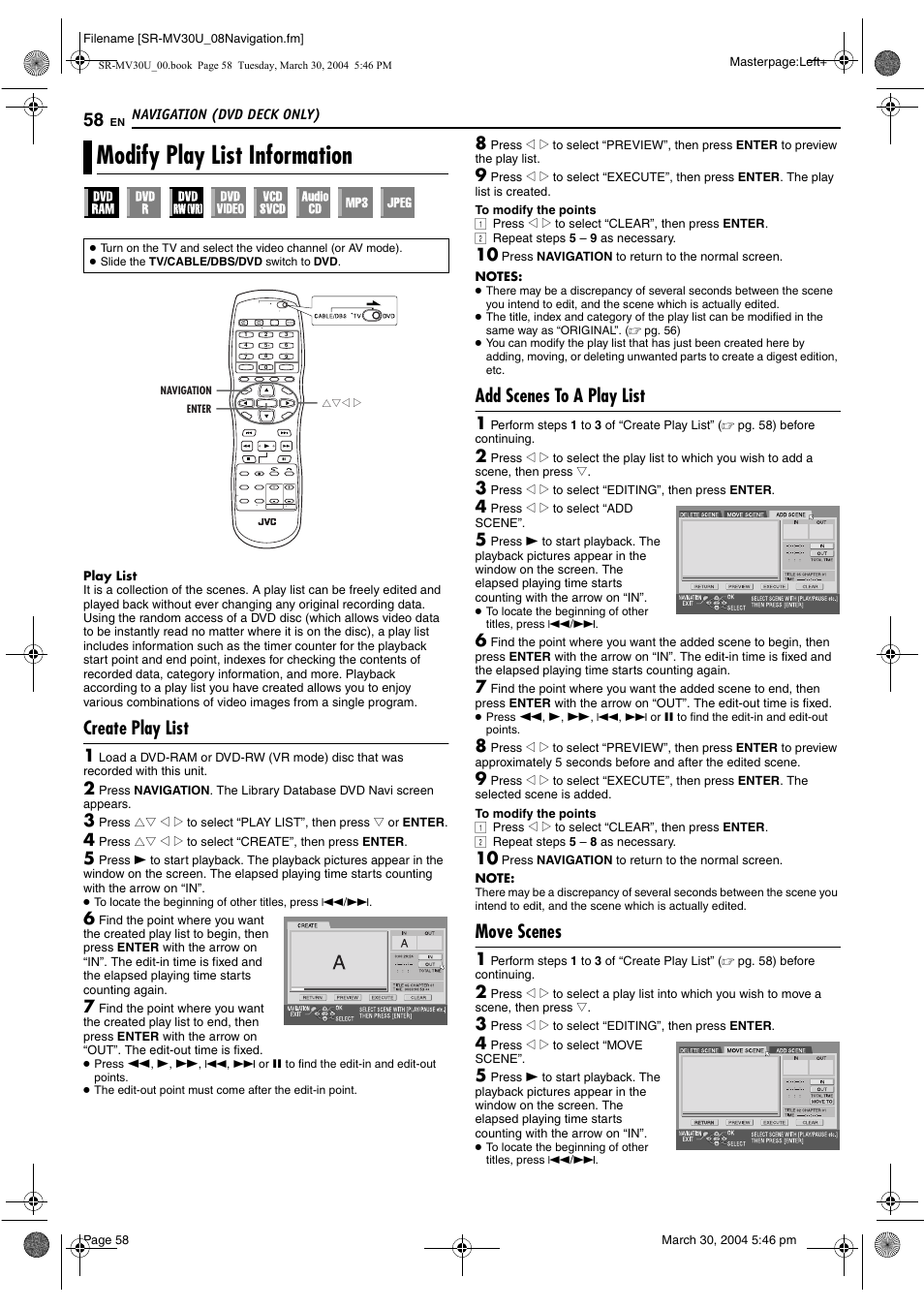 Modify play list information, Create play list, Add scenes to a play list | Move scenes, Pg. 58) | JVC SR-MV30 User Manual | Page 58 / 92